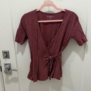 LOFT Burgundy Wrap Front Short Sleeve Blouse